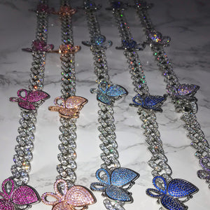 Butterfly Cuban Link Choker VVS Necklace Womens Hot Pink Sky Blue Silver Cubic Zirconia Icy Bae Icy Szn UK Worldwide Shipping  Kylie Jenner Kim Kardashian Jewellery 