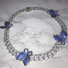 Load image into Gallery viewer, Butterfly Cuban Link Choker VVS Necklace Womens Blue Silver Cubic Zirconia Icy Bae Icy Szn UK Worldwide Shipping  Kylie Jenner Kim Kardashian Jewellery 
