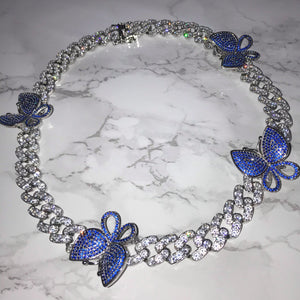 Butterfly Cuban Link Choker VVS Necklace Womens Blue Silver Cubic Zirconia Icy Bae Icy Szn UK Worldwide Shipping  Kylie Jenner Kim Kardashian Jewellery 